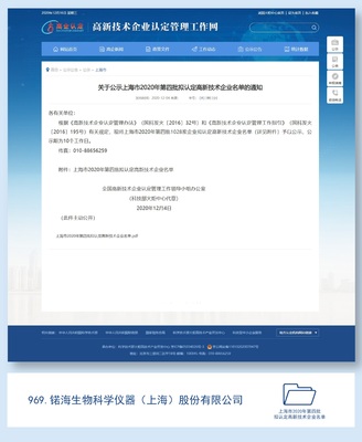 喜報！锘海生物科學儀器順利通過上海市2020年第四批高新技術企業認定，彰顯科技實力